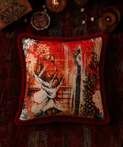 Crimson Whirl (Red) Velvet Cushion