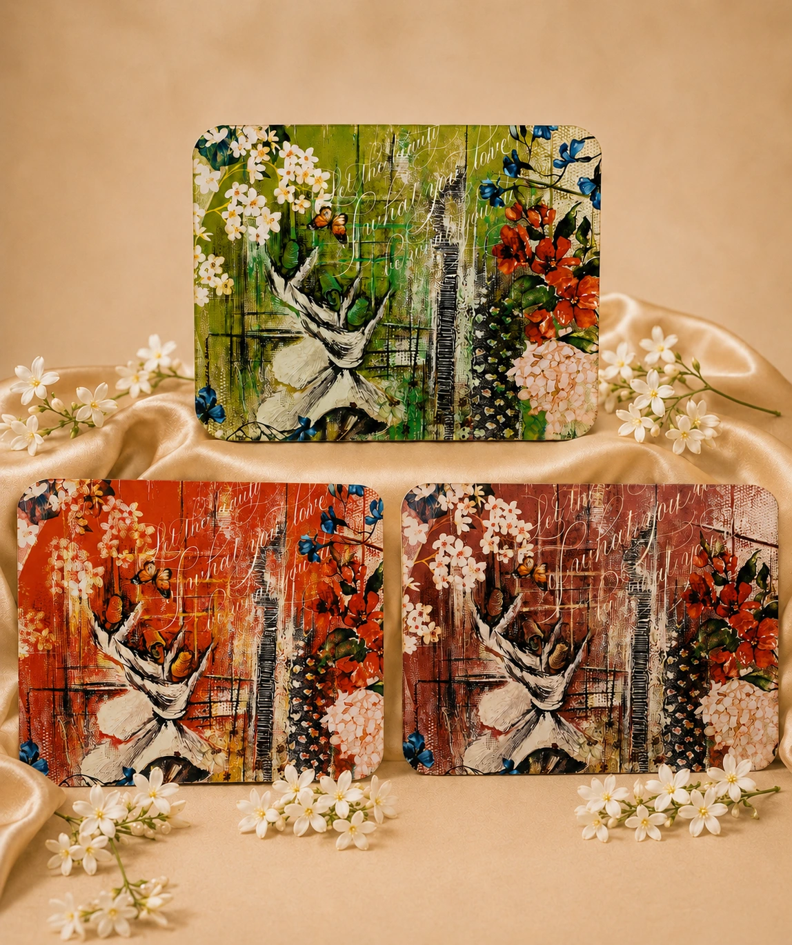 Whirling Bloom (Red) Wooden Table Mats